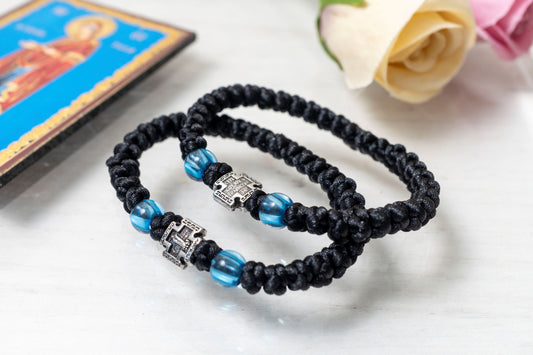 Prayer rope komboskini bracelet 1 piece with 33 knots dual-sided metal cross and blue beads orthodox elastic made in Greece
