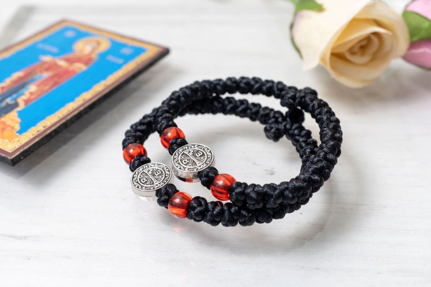 Elastic Prayer Rope Komboskini Bracelet with Chi-Rho Medallion and Red Beads - 33 Knots - Black Cord