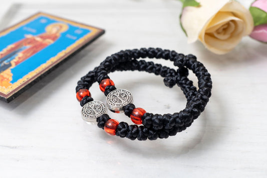 Prayer Rope Komboskini Bracelet with Chi-Rho Medallion and Red Beads - Orthodox - Elastic - 33 Knots - 1 Piece - Black Cord