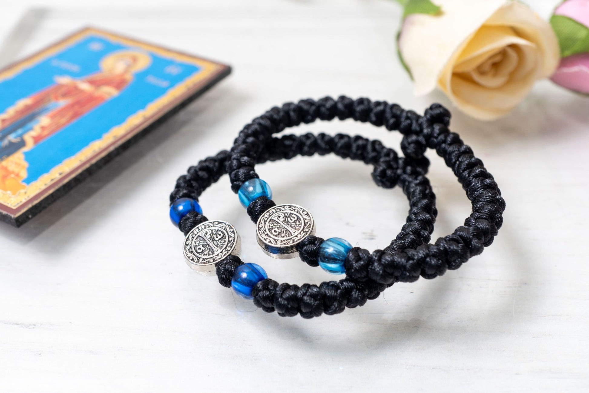 Elastic prayer rope komboskini bracelet 1 piece with 33 knots Chi-Rho medallion and blue beads made in Greece