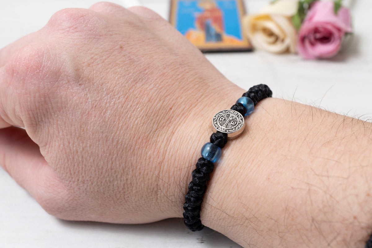 Elastic prayer rope komboskini bracelet 1 piece with 33 knots Chi-Rho medallion and blue beads made in Greece