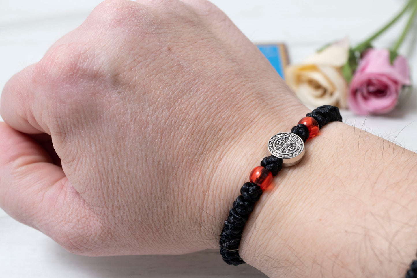 Elastic Prayer Rope Komboskini Bracelet with Chi-Rho Medallion and Red Beads - 33 Knots - Black Cord