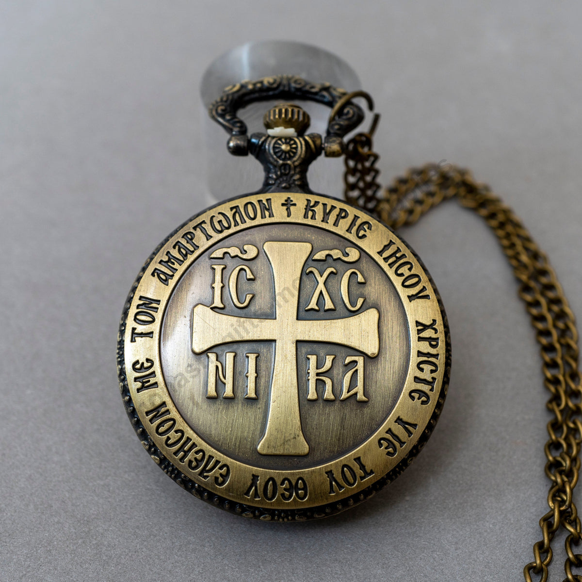 Pocket watch antique bronze with Virgin Mary of Jerusalem icon front and IC XC NIKA cross back in luxury gift box