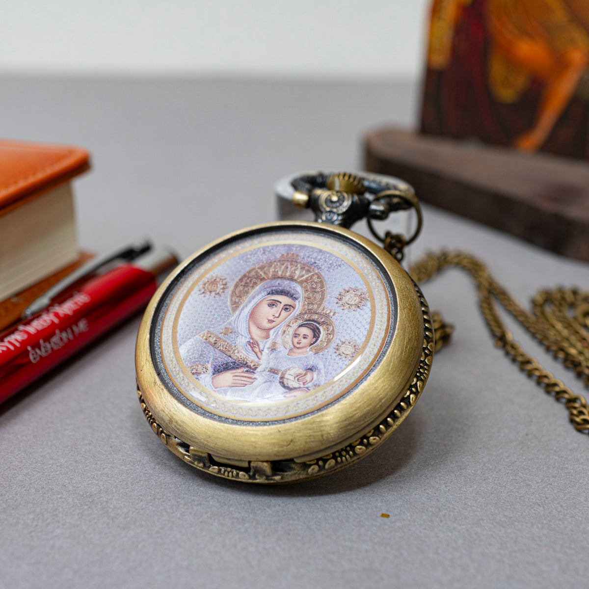 Pocket watch antique bronze with Virgin Mary of Jerusalem icon front and IC XC NIKA cross back in luxury gift box