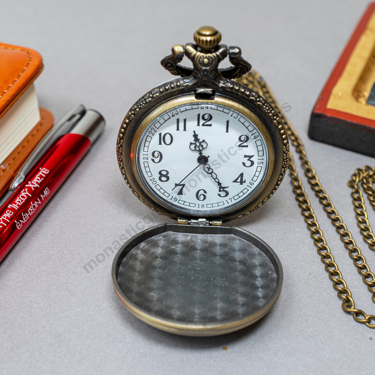 Pocket watch antique bronze with Virgin Mary of Jerusalem icon front and IC XC NIKA cross back in luxury gift box