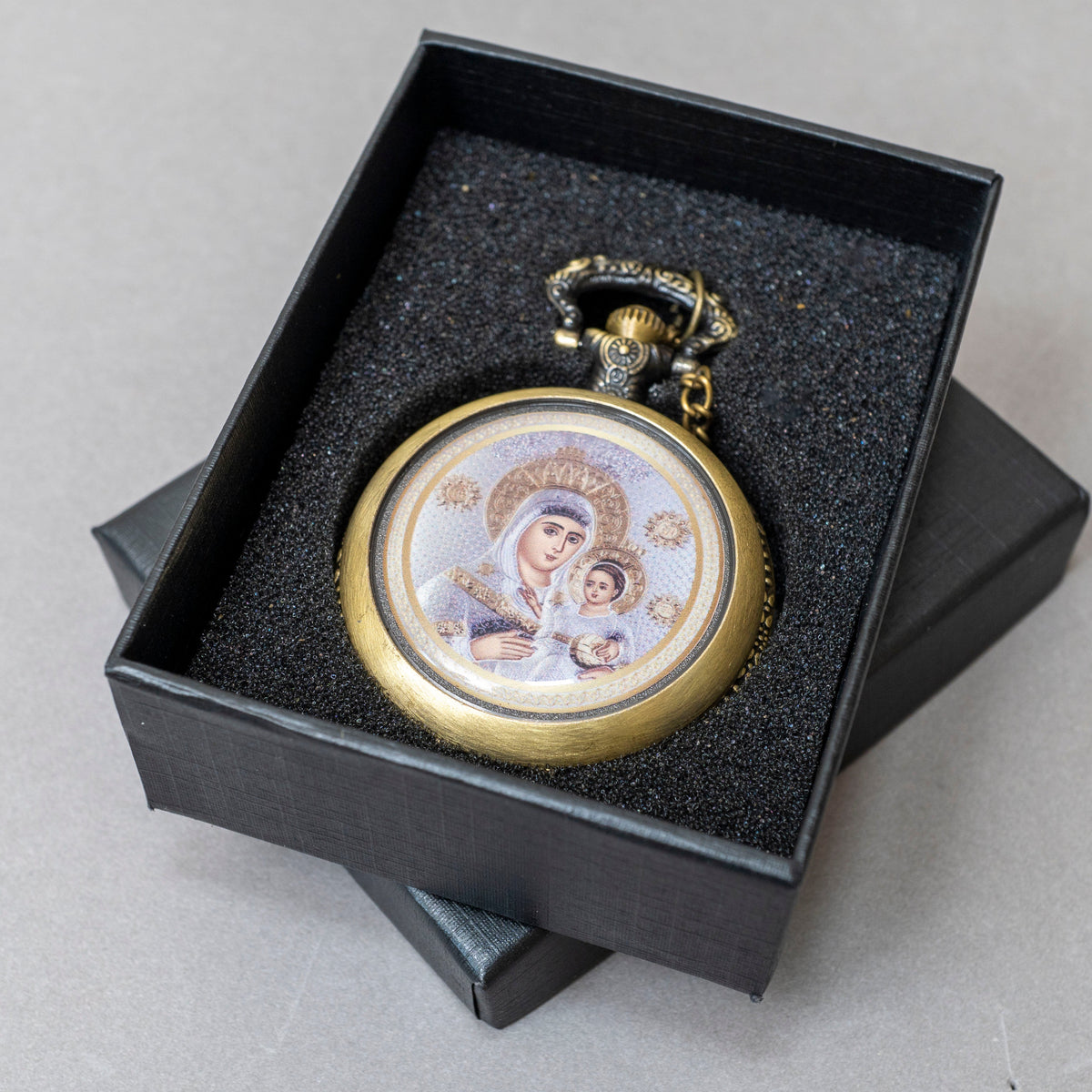 Pocket watch antique bronze with Virgin Mary of Jerusalem icon front and IC XC NIKA cross back in luxury gift box