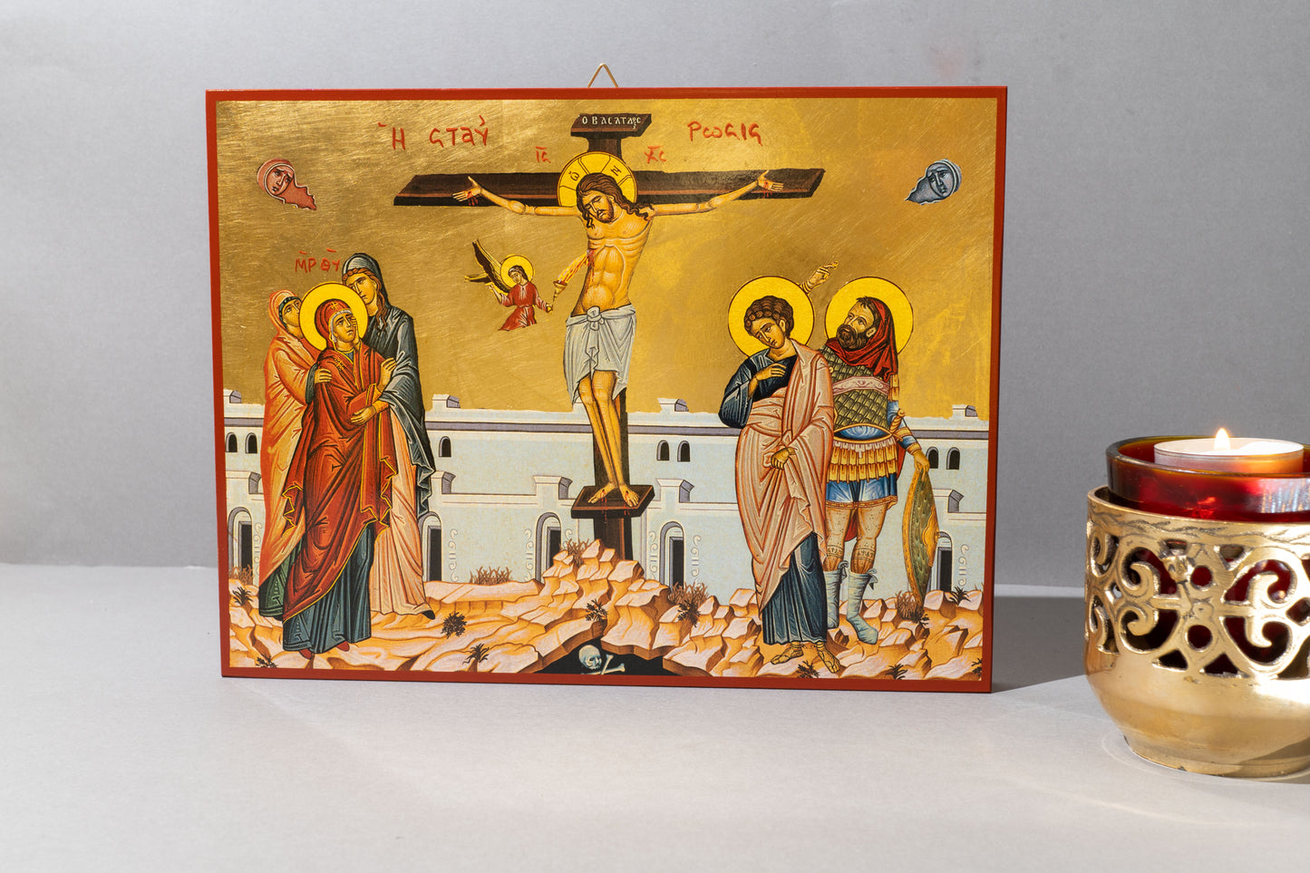 Crucifixion of Jesus Christ Icon – Premium Byzantine Art with Gold Leaf .