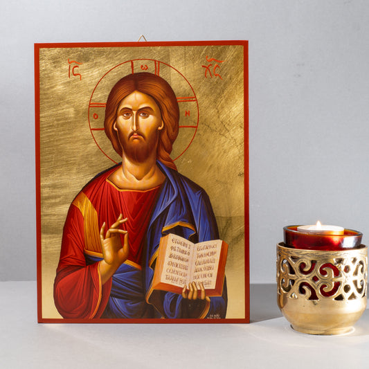 Jesus Crist The Blessing Handmade Wooden Byzantine Icon in Golden Leaf