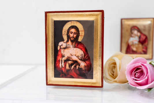 The Good Shepherd Premium Small Wooden Silkscreen Icon with Gold Leaf.