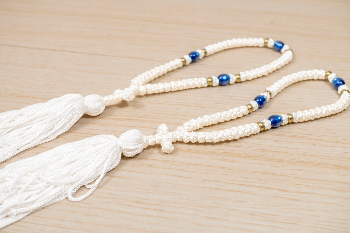 Prayer Rope 50 Knots Komboskini - White Handmade Orthodox Cord with Blue Beads, Tassel & Cross