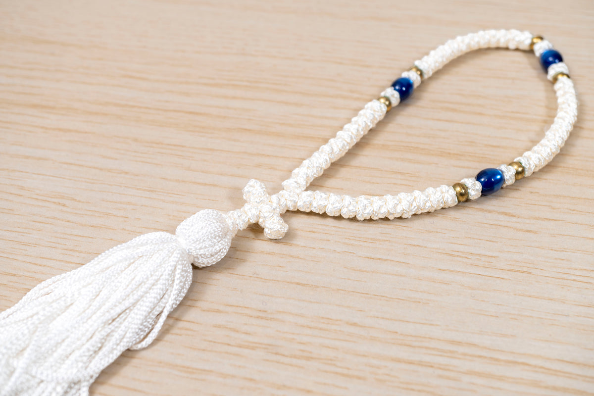 White 50 knots prayer rope komboskini with blue beads cross and tassel made in Greece