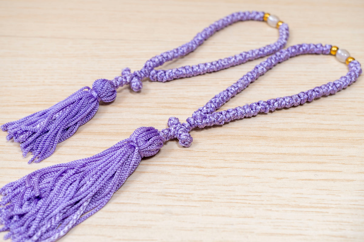 Lilac 50 knots prayer rope komboskini with cross tassel and accent bead made in Greece
