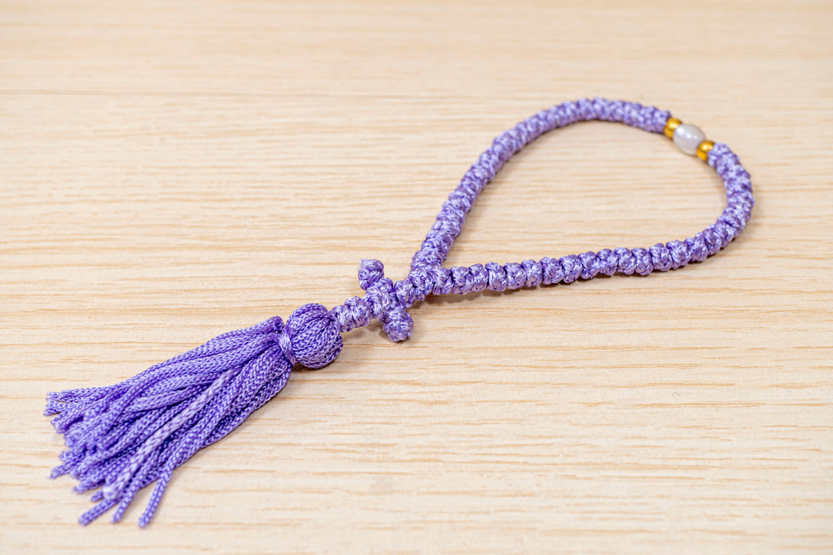 Lilac 50 knots prayer rope komboskini with cross tassel and accent bead made in Greece