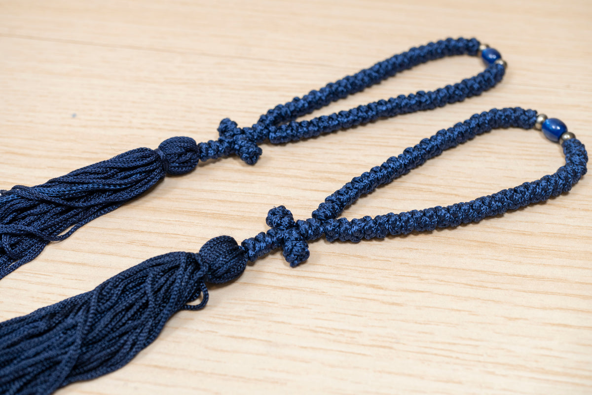 Navy blue 50 knots prayer rope komboskini with cross tassel and accent bead made in Greece