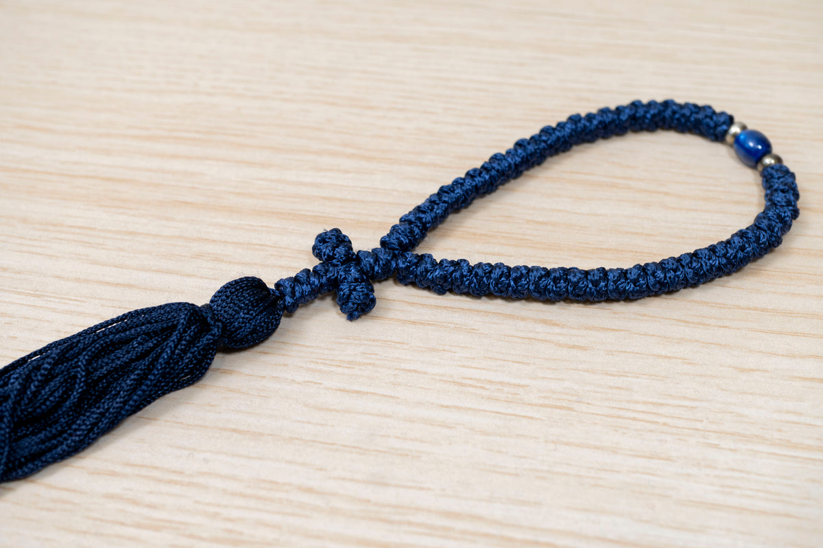 Navy blue 50 knots prayer rope komboskini with cross tassel and accent bead made in Greece
