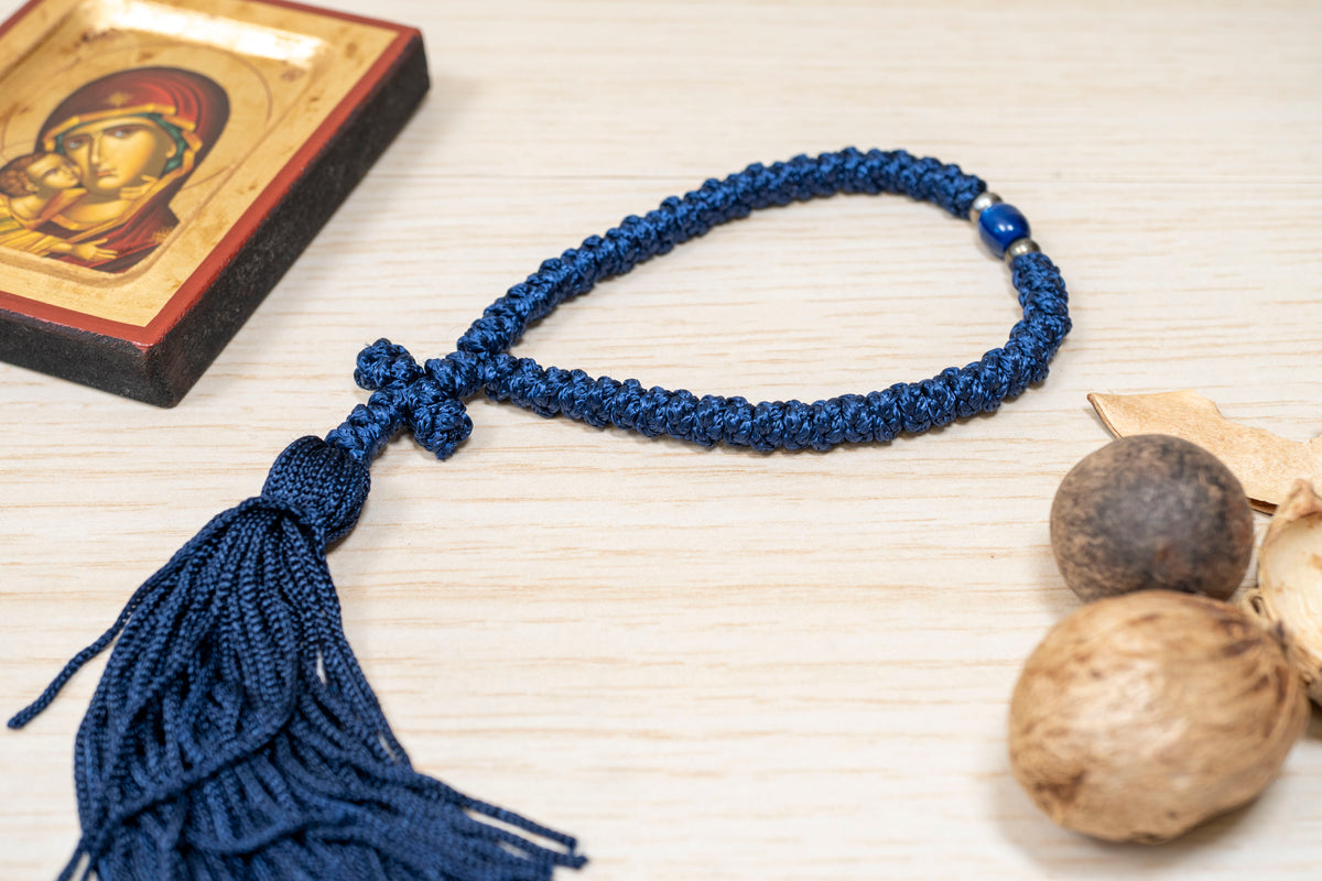 Navy blue 50 knots prayer rope komboskini with cross tassel and accent bead made in Greece