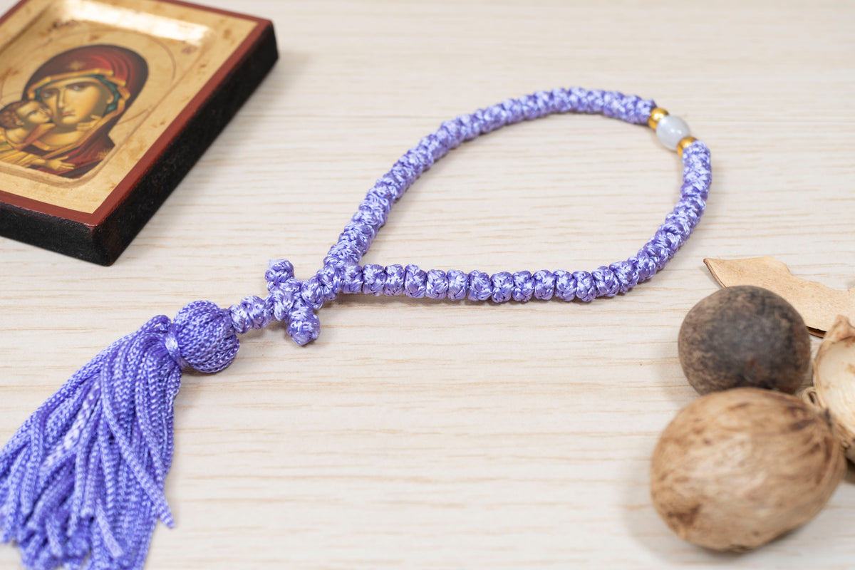 Lilac 50 knots prayer rope komboskini with cross tassel and accent bead made in Greece