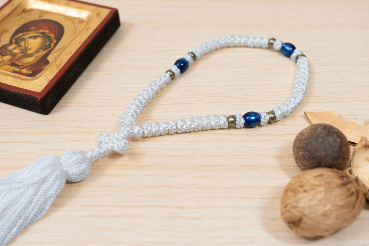 White 50 knots prayer rope komboskini with blue beads cross and tassel made in Greece