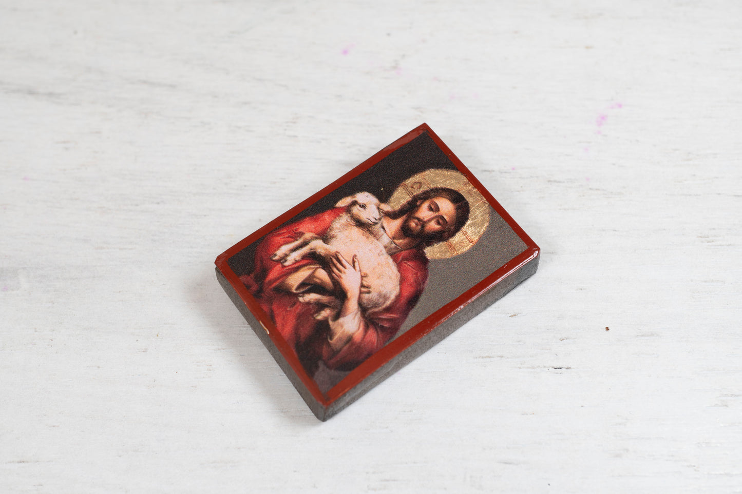 Miniature Wooden Icon With Jesus Christ the Good Shepherd Christian Icon