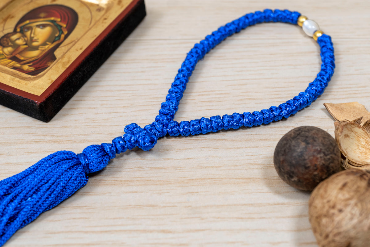 Blue 50 knots prayer rope komboskini with cross tassel and accent bead made in Greece
