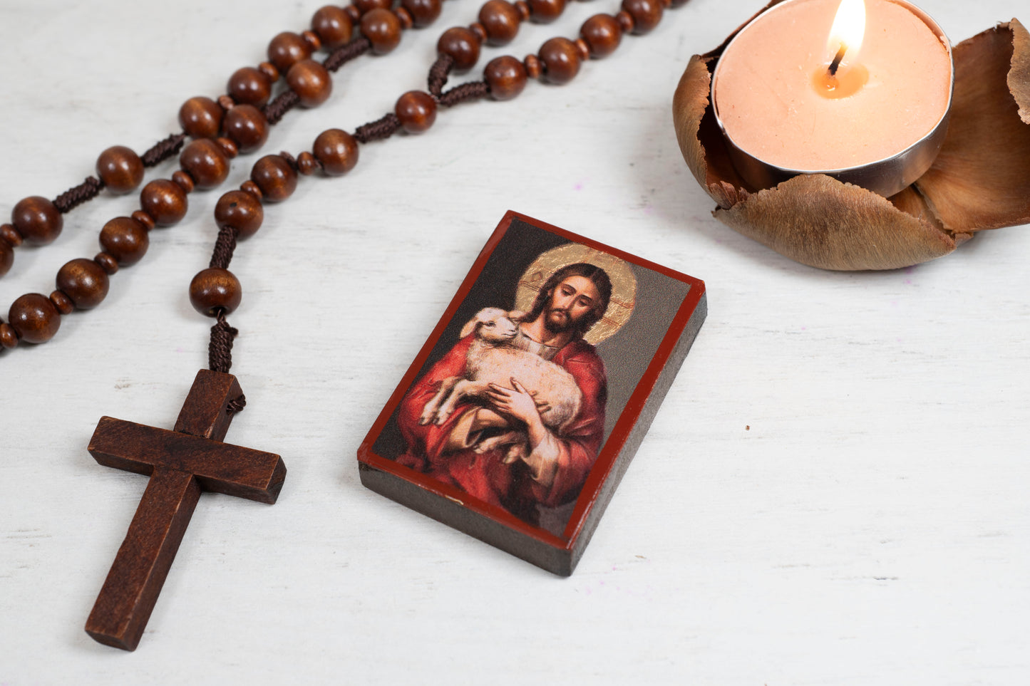 Miniature Wooden Icon With Jesus Christ the Good Shepherd Christian Icon