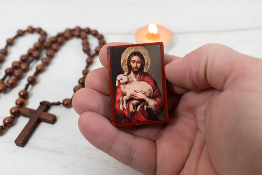 Miniature Wooden Icon With Jesus Christ the Good Shepherd Christian Icon