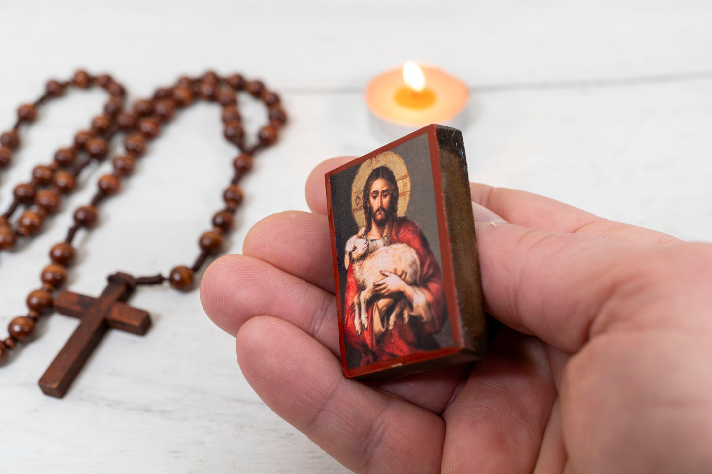 Miniature Wooden Icon With Jesus Christ the Good Shepherd Christian Icon