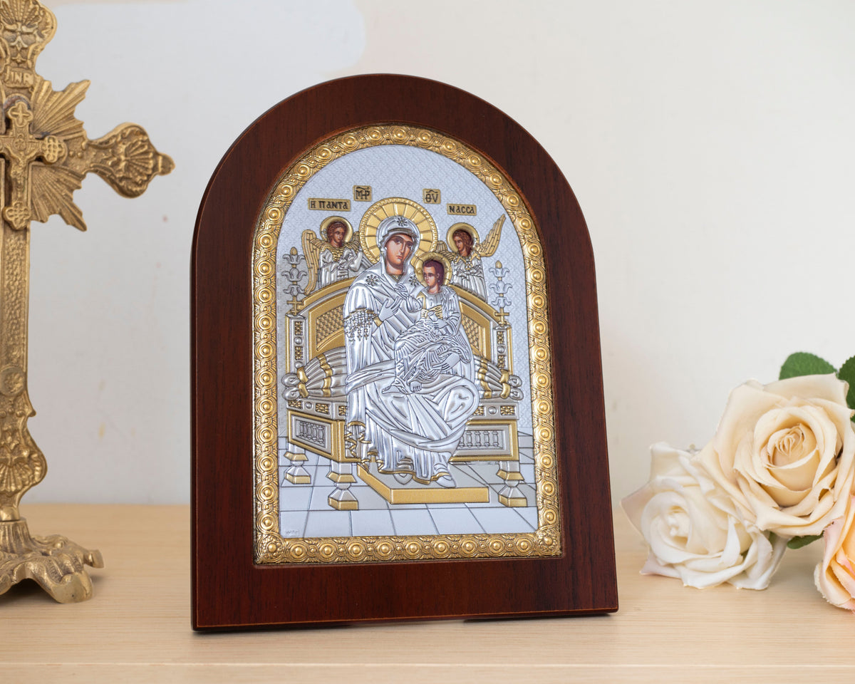 Virgin Mary Pantanassa 925 silver Byzantine icon with gold plated accents (15x20 cm / 5.9x7.9 in)