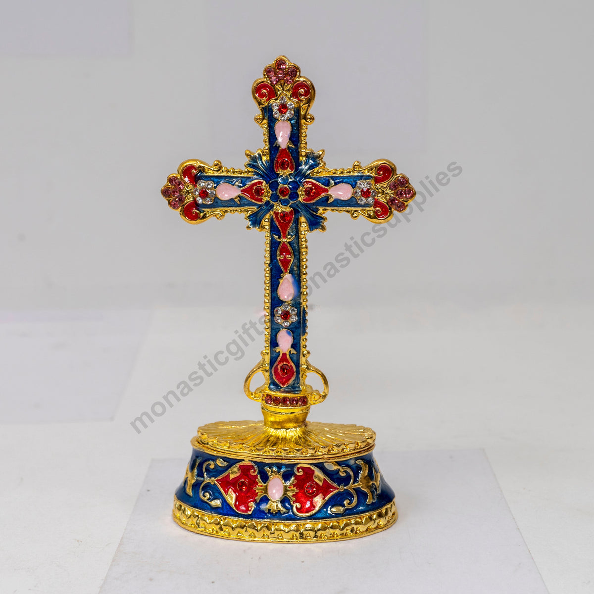 Tabletop standing cross trinket box with royal blue enamel gold filigree and magnetic hinged storage base