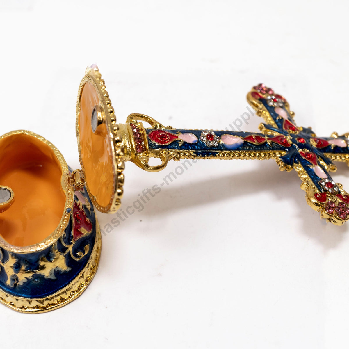 Tabletop standing cross trinket box with royal blue enamel gold filigree and magnetic hinged storage base