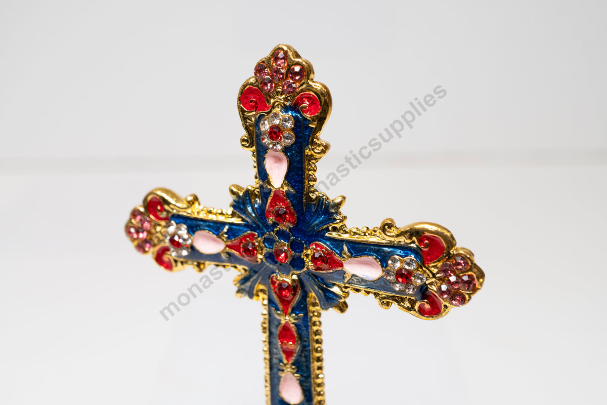 Tabletop Cross Trinket Box Enamel Keepsake Stand Gold and Blue Crystals