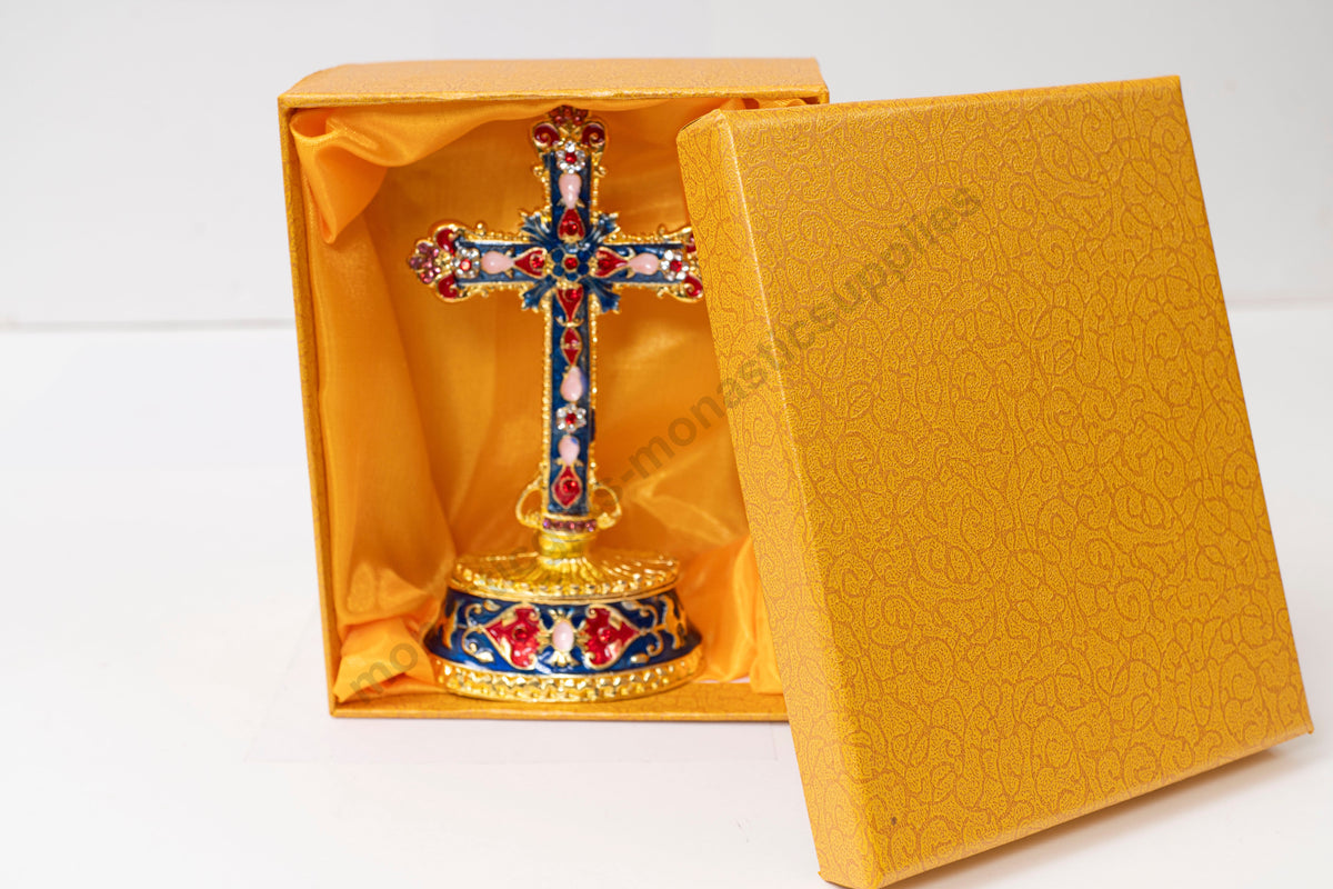 Tabletop Cross Trinket Box Enamel Keepsake Stand Gold and Blue Crystals