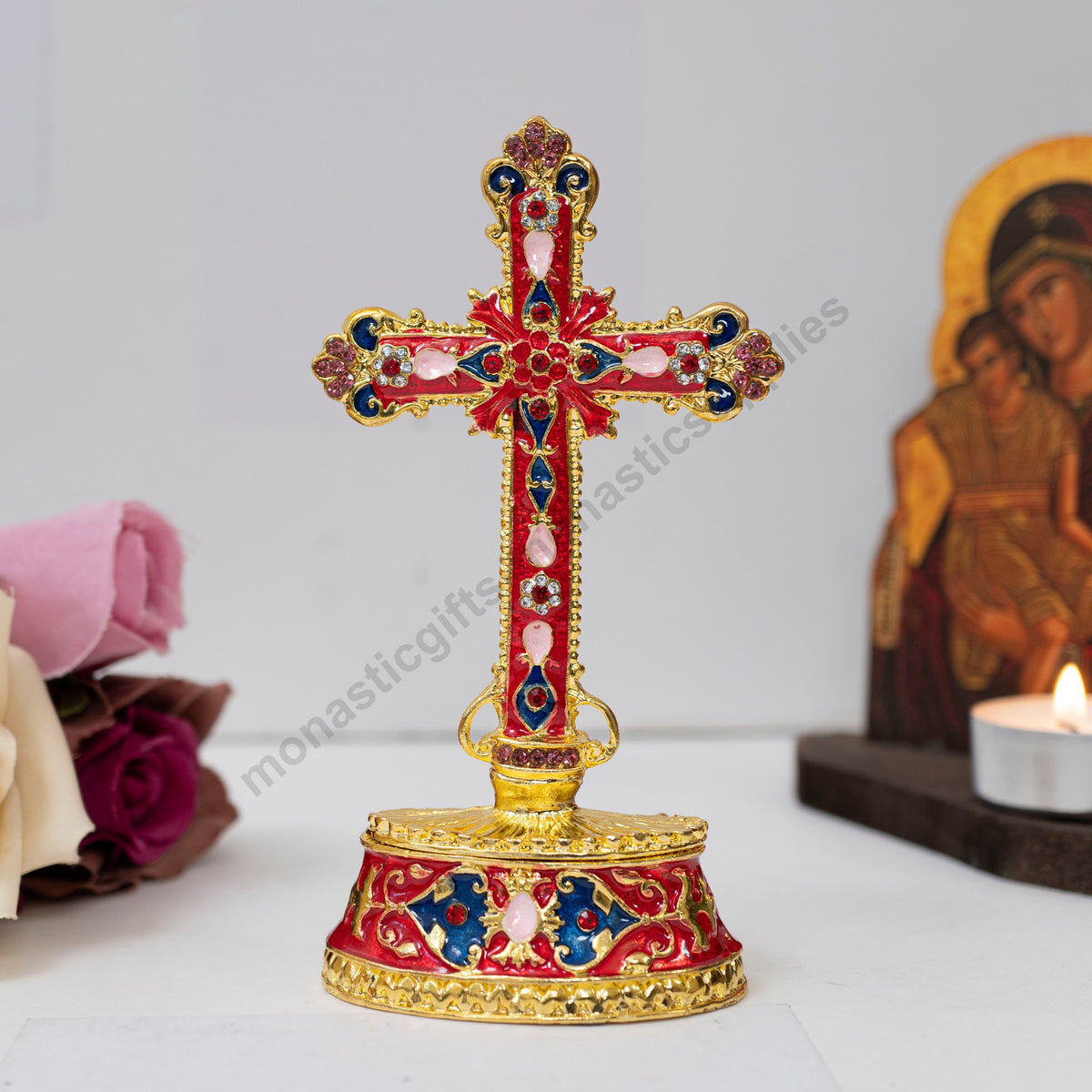 Tabletop standing cross trinket box with red enamel gold filigree and crystals on decorative base