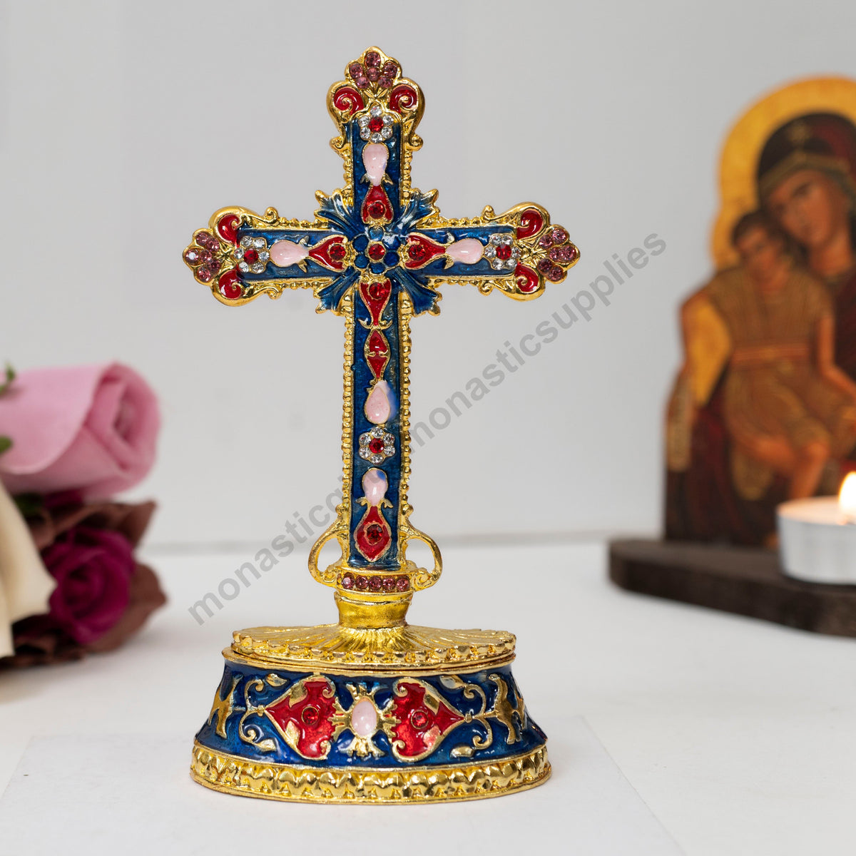Tabletop standing cross trinket box with royal blue enamel gold filigree and magnetic hinged storage base