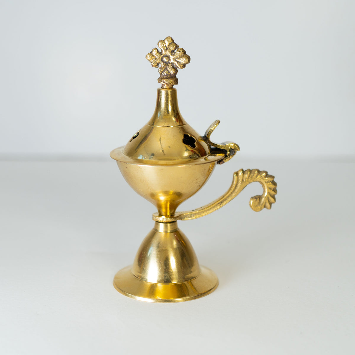 Small polished brass censer handmade orthodox burner with handle and cross lid 11cm 4.33 inches