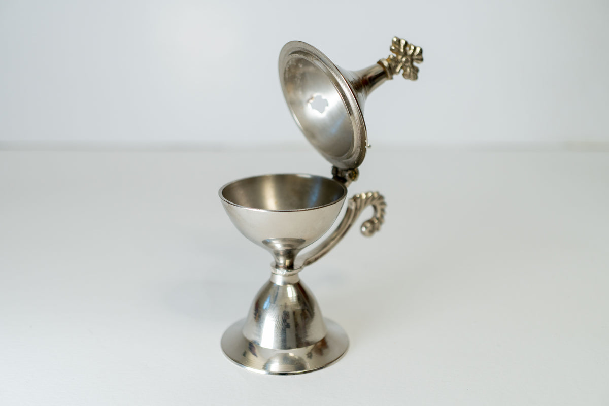 Small nickel plated brass censer handmade orthodox burner with handle and cross lid 11cm 4.33 inches