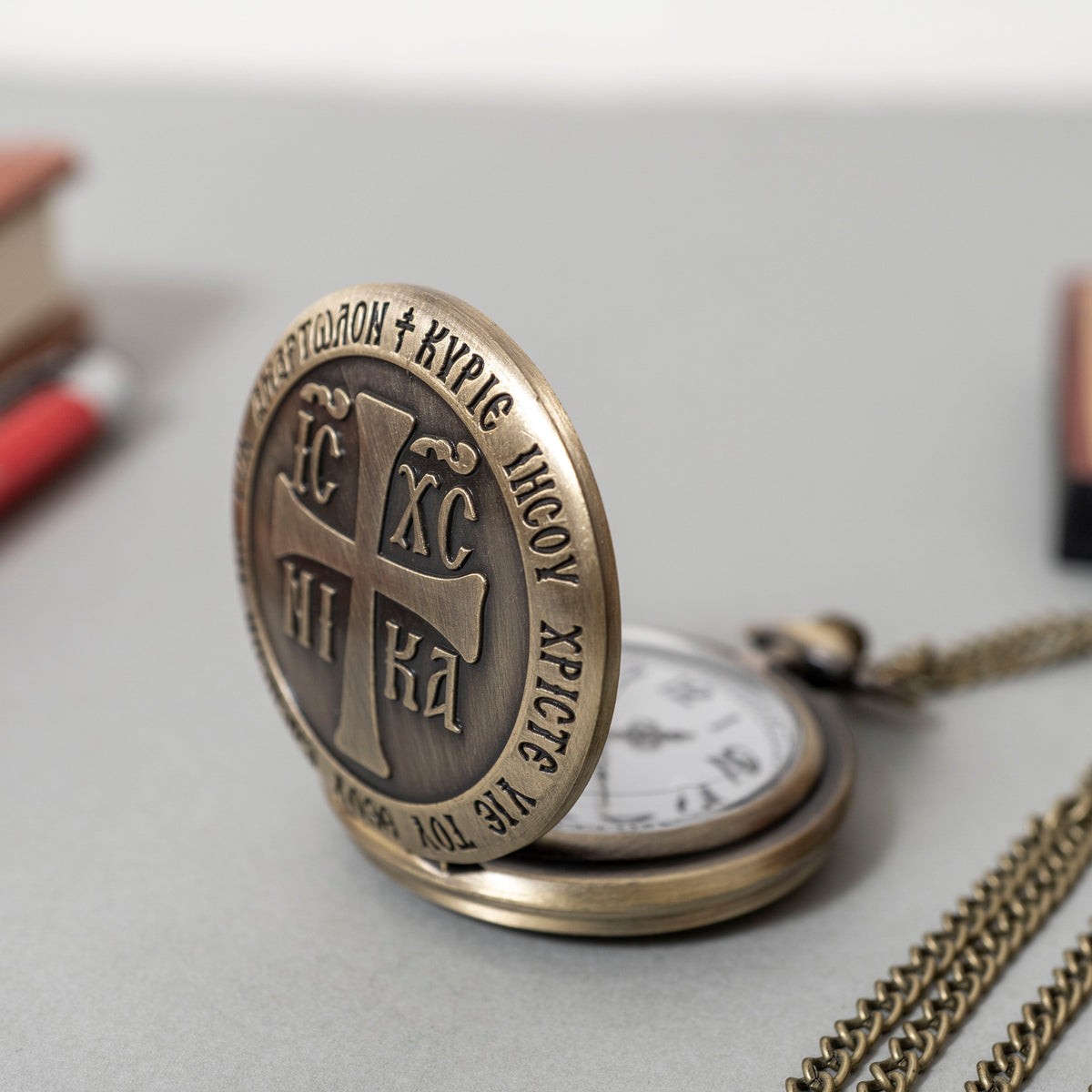 Pocket watch antique bronze with IC XC NIKA cross Jesus prayer and matching chain in luxury box