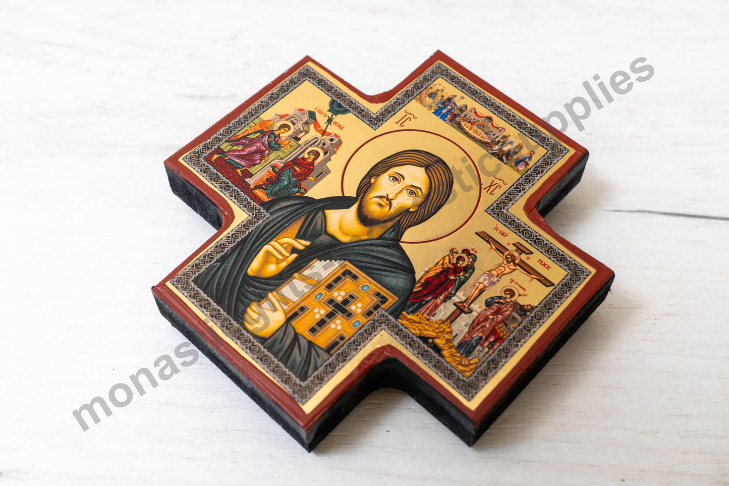 Orthodox cross icon with Christ Pantocrator at the center and scenes on each arm