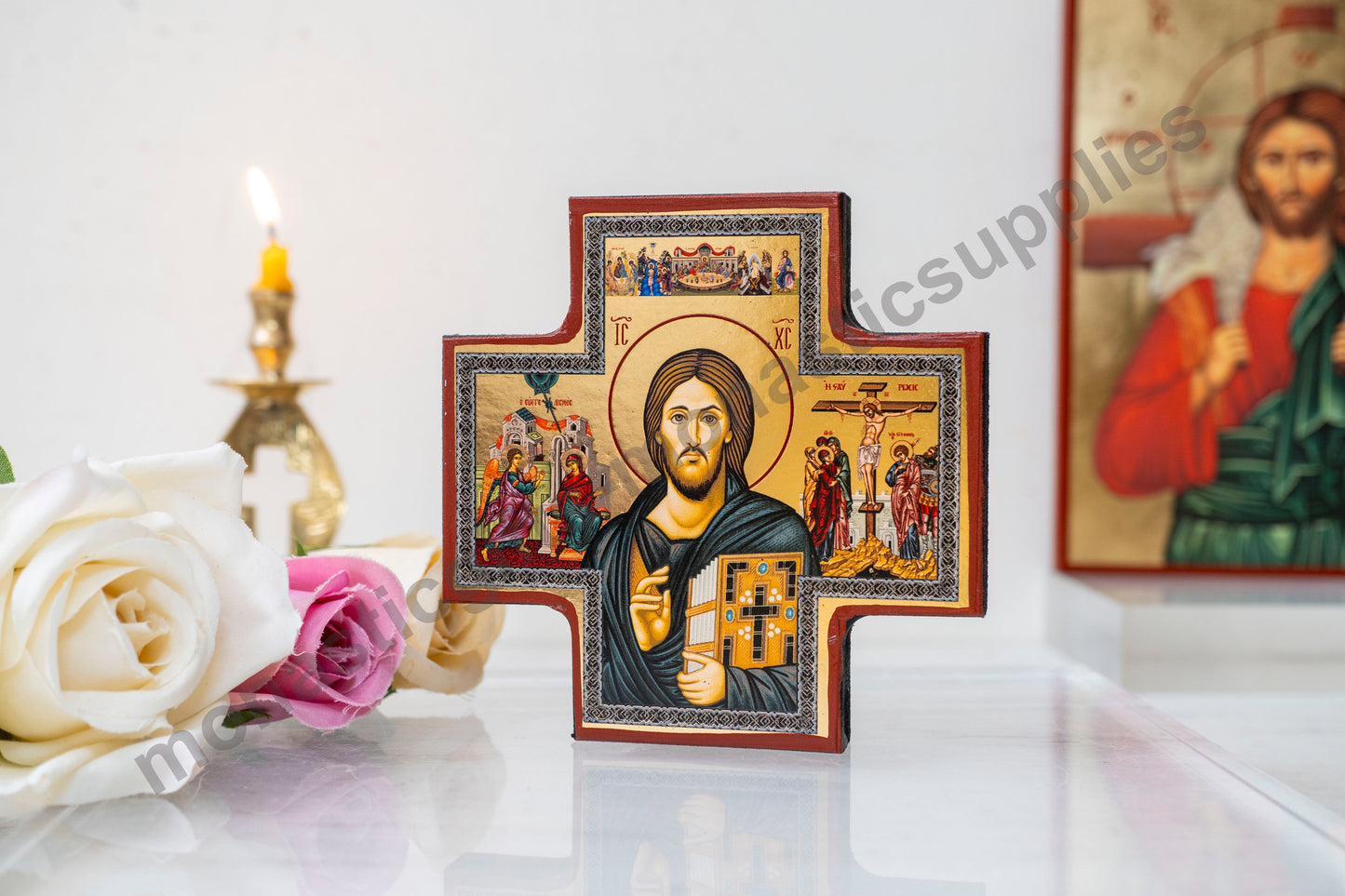 Orthodox cross icon with Christ Pantocrator at the center and scenes on each arm