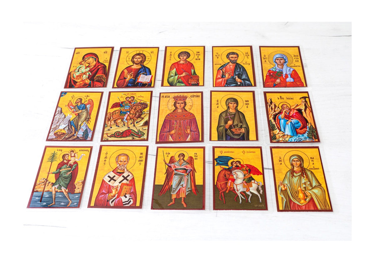 Greek Orthodox saints Byzantine icon pocket cards set of 15 with lives and hymns on back laminated made in Greece[cite: 7, 8]