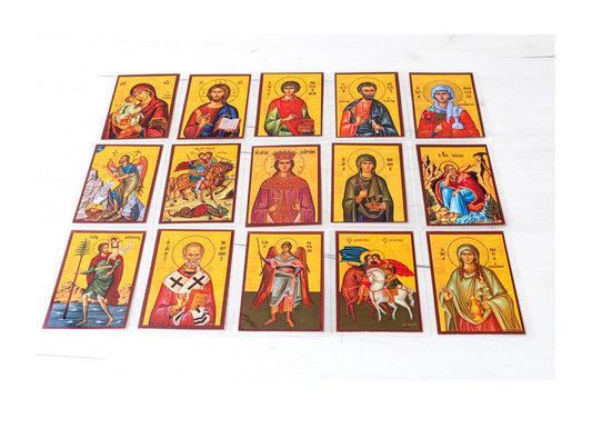 Greek Orthodox saints Byzantine icon pocket cards set of 15 with lives and hymns on back laminated made in Greece[cite: 7, 8]