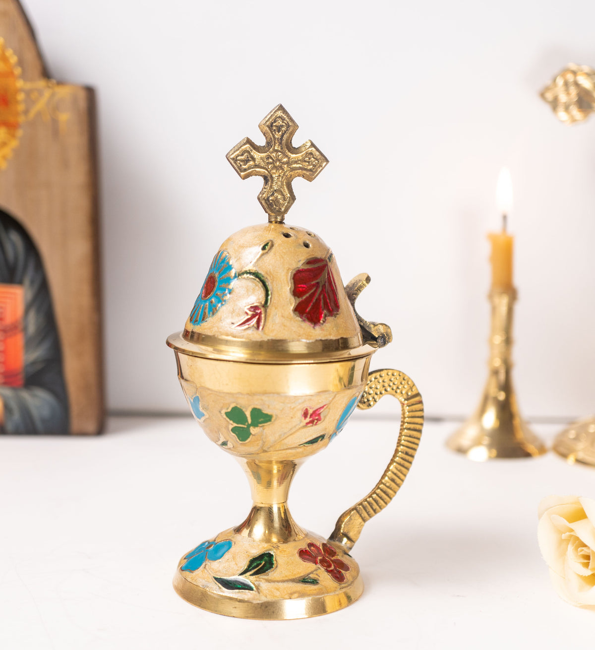 Beige enameled brass censer handmade orthodox burner with handle and cross lid 13cm 5.12 inches