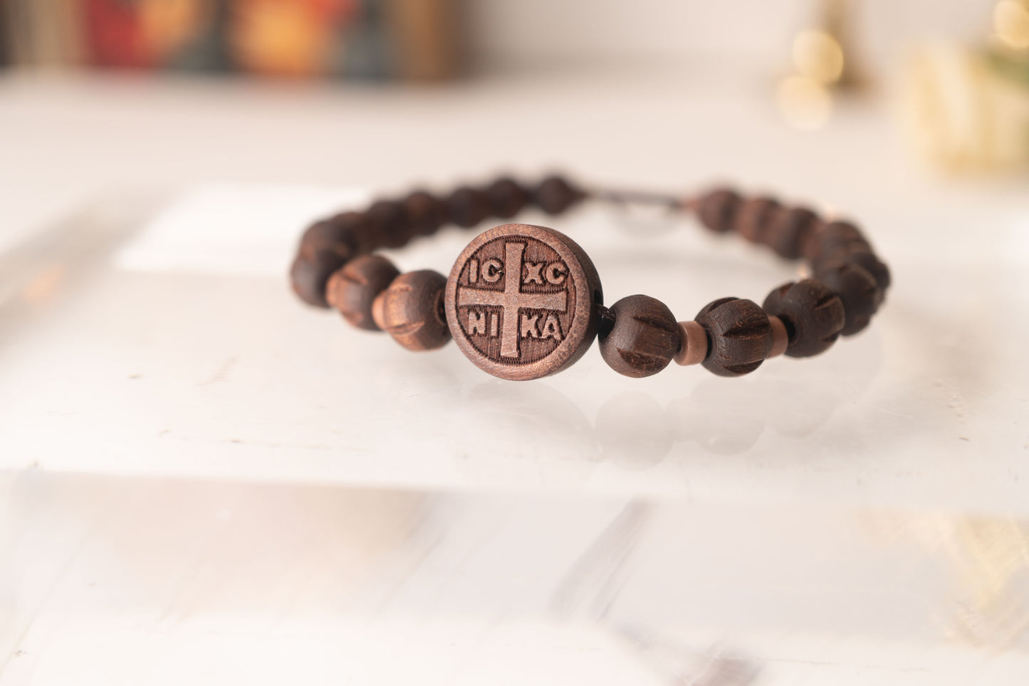 Orthodox Handcrafted  Macrame Prayer Bracelet - Adjustable IC XC NIKA Round Wood Komboskini