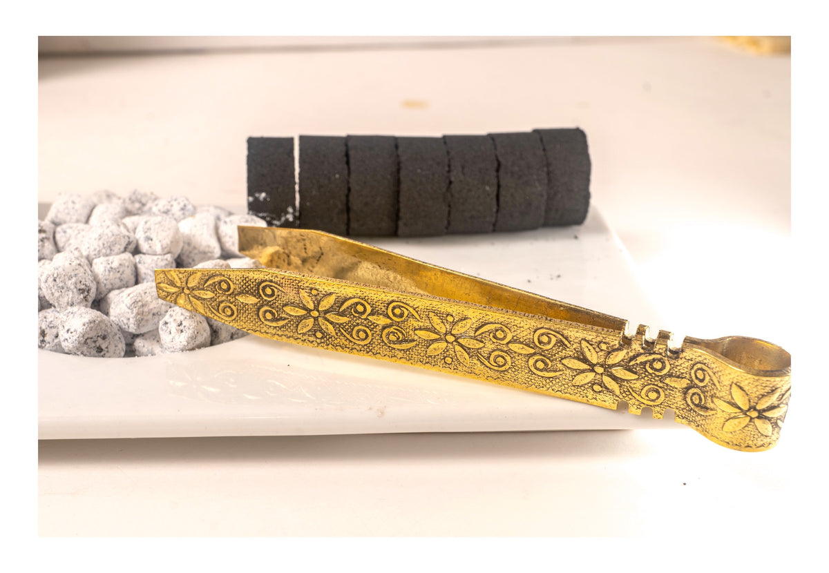 Solid brass engraved incense tongs set with Orthodox Mount Athos myrrh incense and 22mm charcoal briquettes