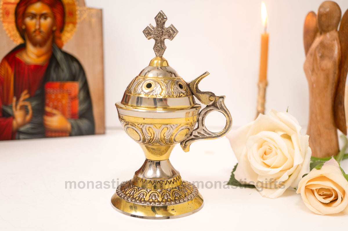 Standing solid brass incense burner censer two tone gold and nickel plated with Orthodox cross 14cm 5.5 inch