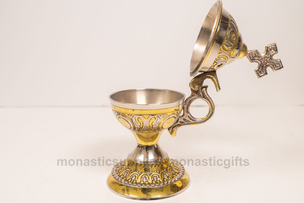 Standing solid brass incense burner censer two tone gold and nickel plated with Orthodox cross 14cm 5.5 inch