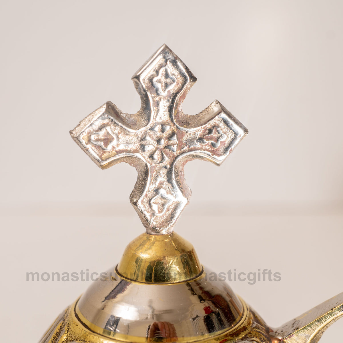 Standing solid brass incense burner censer two tone gold and nickel plated with Orthodox cross 14cm 5.5 inch