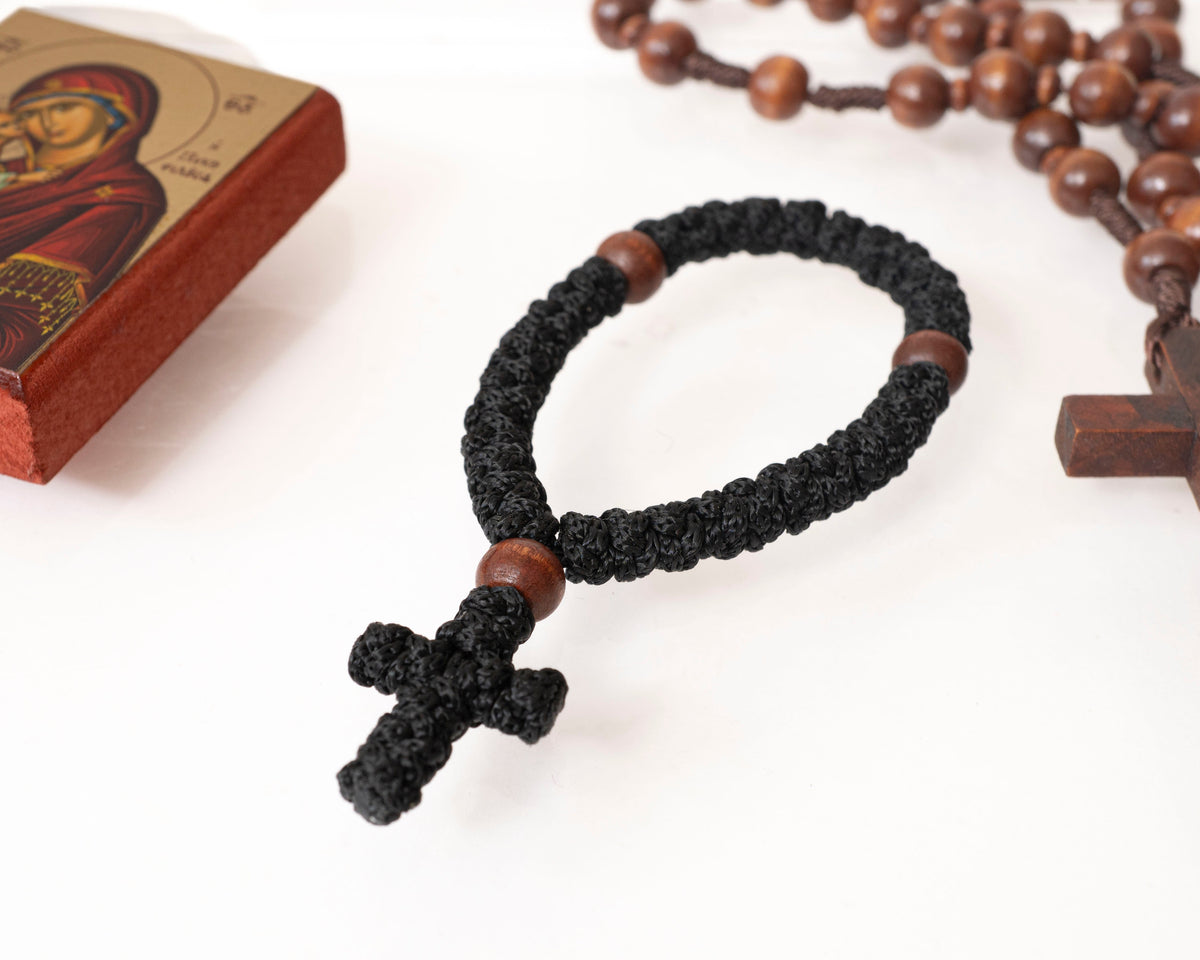 Hand knotted black prayer rope komboskini with 33 knots and wooden beads made in Greece