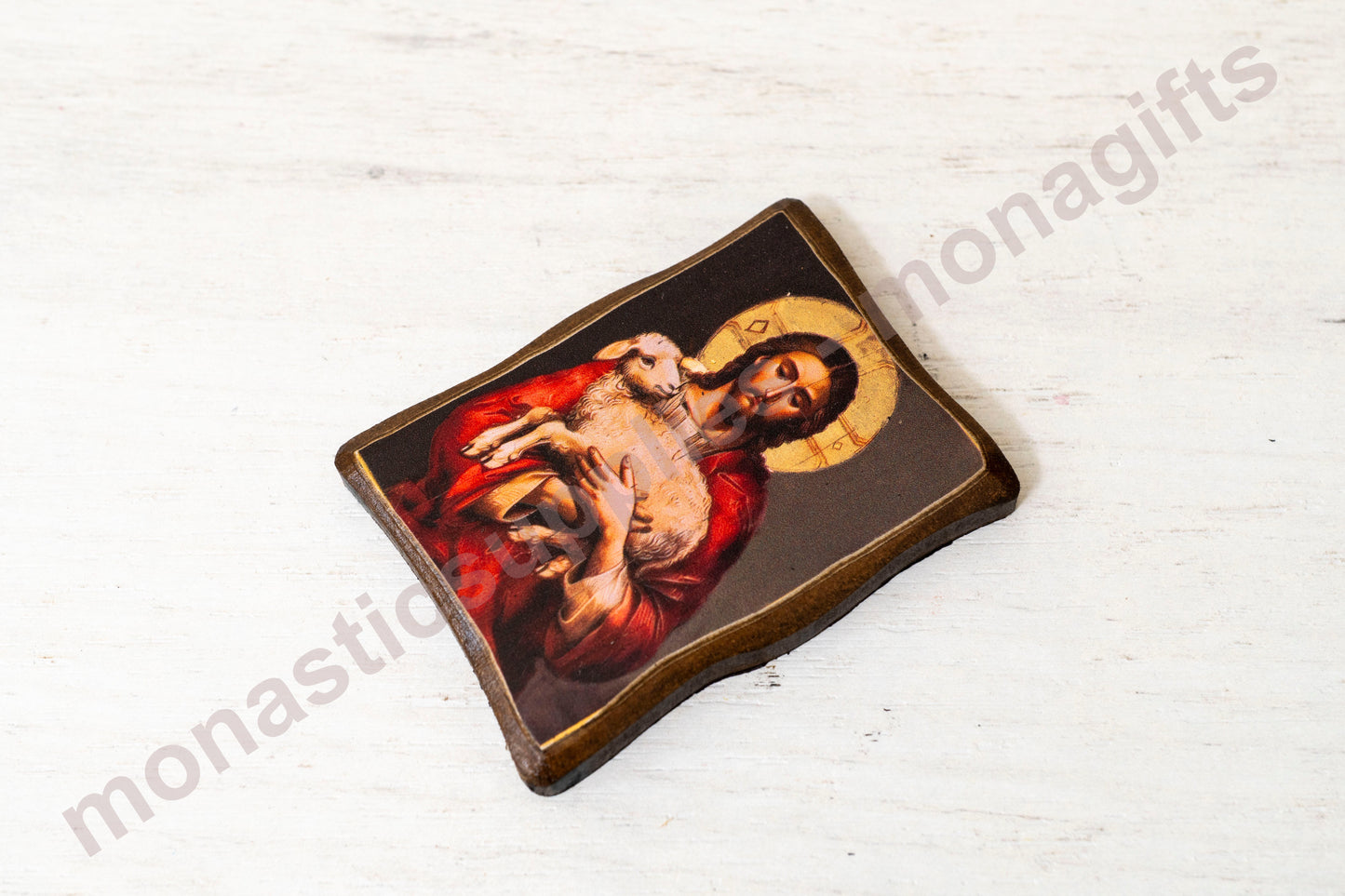 The Good Shepherd – Mini Wooden Icon with Magnet, Golden Silk Canvas