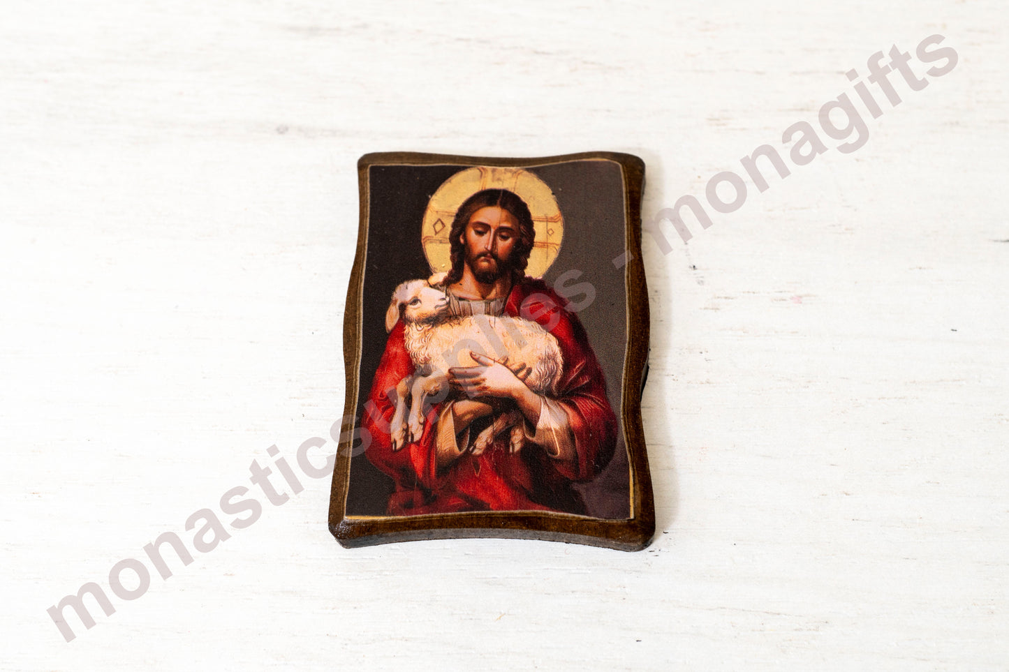 The Good Shepherd – Mini Wooden Icon with Magnet, Golden Silk Canvas